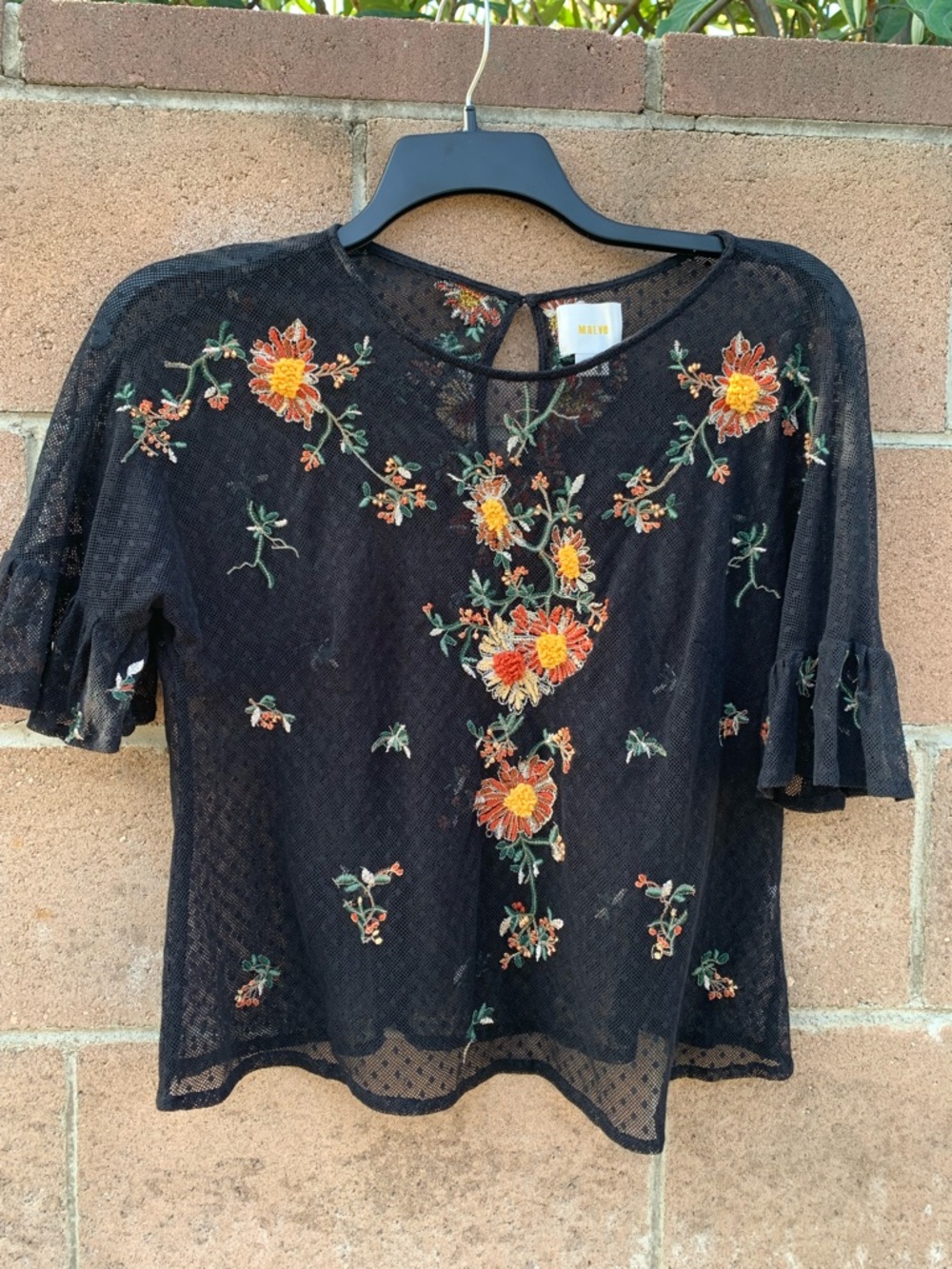 Maeve x Anthropologie Black Cadiz Sheer Blouse with Orange Floral Embroidery